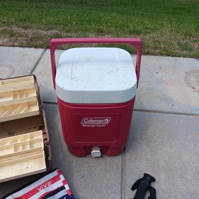 TACKLE BOX, BEVERAGE COOLER, TRAVERSE WALKING STICK AND BAG