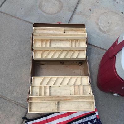 TACKLE BOX, BEVERAGE COOLER, TRAVERSE WALKING STICK AND BAG