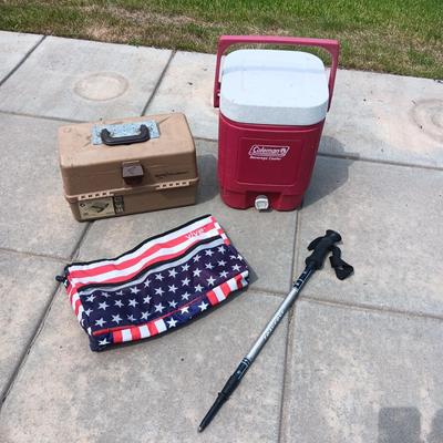 TACKLE BOX, BEVERAGE COOLER, TRAVERSE WALKING STICK AND BAG