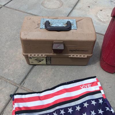 TACKLE BOX, BEVERAGE COOLER, TRAVERSE WALKING STICK AND BAG
