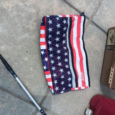 TACKLE BOX, BEVERAGE COOLER, TRAVERSE WALKING STICK AND BAG