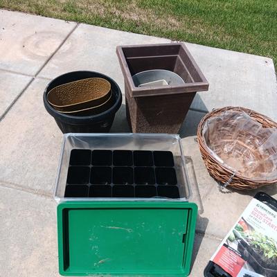 SEED STARTER KITS. FLOWER POTS, HANGING WICKER BASKETS