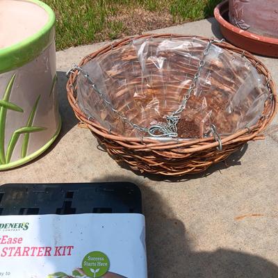 SEED STARTER KITS. FLOWER POTS, HANGING WICKER BASKETS