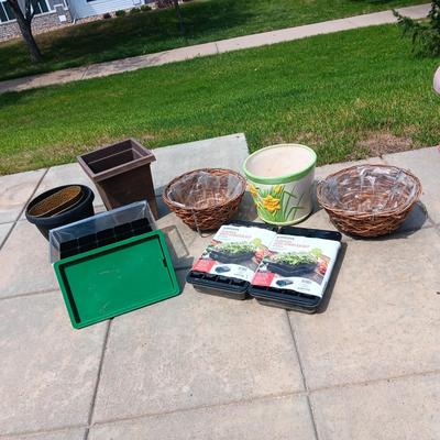 SEED STARTER KITS. FLOWER POTS, HANGING WICKER BASKETS