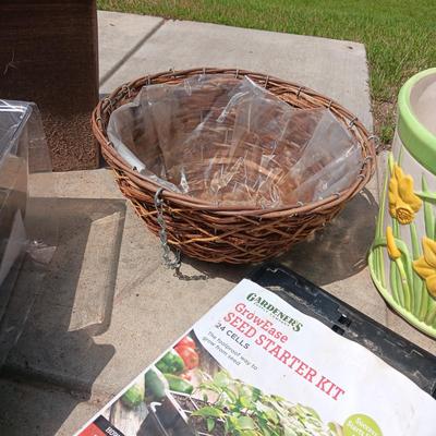 SEED STARTER KITS. FLOWER POTS, HANGING WICKER BASKETS