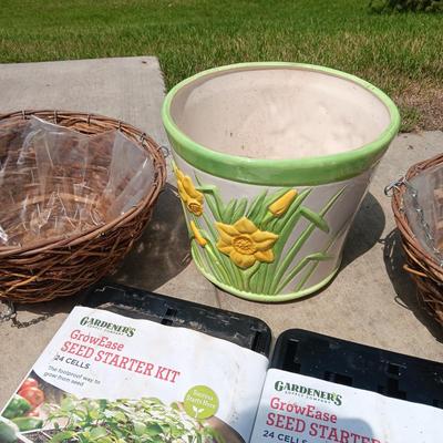 SEED STARTER KITS. FLOWER POTS, HANGING WICKER BASKETS