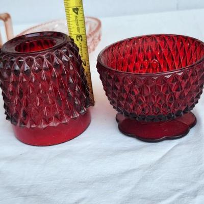 Vintage Pink/red Glass lot with Vintage Indiana Glass Diamond Point Fairy Lamp Ruby Red