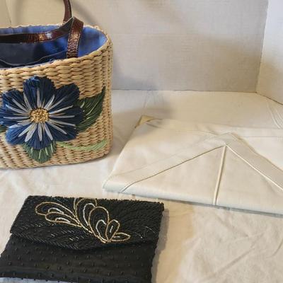 Vintage purse Lot with Woven Flower Straw Tote Bag With Blue Cloth Interior