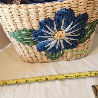Vintage purse Lot with Woven Flower Straw Tote Bag With Blue Cloth Interior