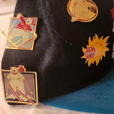 Vintage Baseballs Caps and Vintage Enamel Pins, including Coca-Cola and Felix the cat