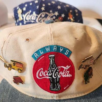 Vintage Baseballs Caps and Vintage Enamel Pins, including Coca-Cola and Felix the cat