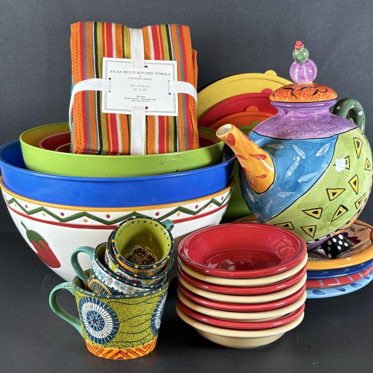 LOT 9 Fiesta Red Yellow Bowls Chili Peper Bowl Whimsical Teapot Colorful Plastic Bowl w Lids Anthropologie Flora Boho Measuring Cups Pier One Plates More Pier One EstateSales