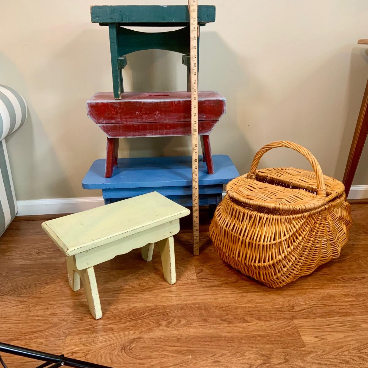 LOT 52 Collection of 4 Rustic Wooden Step Stool and a Wicker Basket with Lid EstateSales