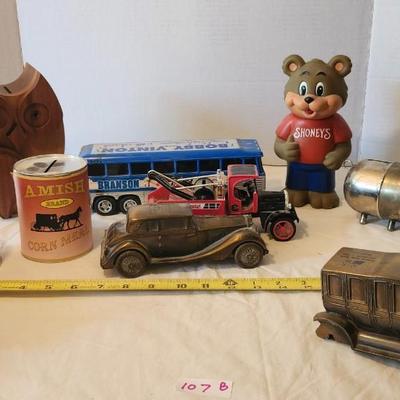 Vintage Piggy Banks lot, including Campbell, Shoney's, Cars, Owl
