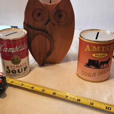 Vintage Piggy Banks lot, including Campbell, Shoney's, Cars, Owl