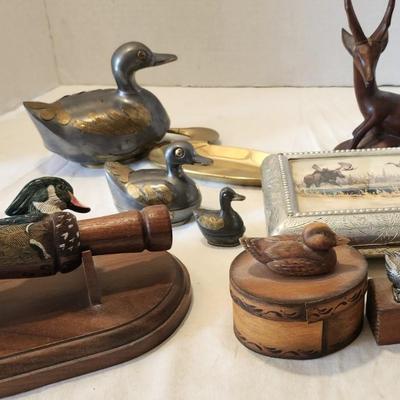 Outdoor Duck home decor lot with Hand Carved Wood Duck call by R wells