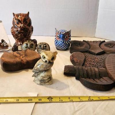 Whimsical Owl Lot with Genuine Alabaster Owl Paperweight Figurine