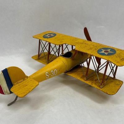 Retro Metal Biplane Model Airplane Yellow Distressed Finish Desk Accent Decor