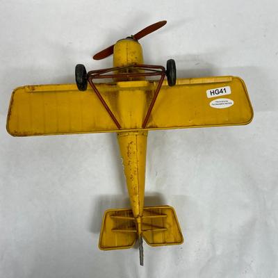 Retro Metal Biplane Model Airplane Yellow Distressed Finish Desk Accent Decor