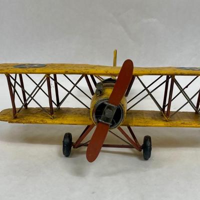 Retro Metal Biplane Model Airplane Yellow Distressed Finish Desk Accent Decor