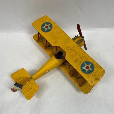 Retro Metal Biplane Model Airplane Yellow Distressed Finish Desk Accent Decor