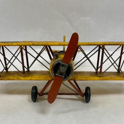 Retro Metal Biplane Model Airplane Yellow Distressed Finish Desk Accent Decor