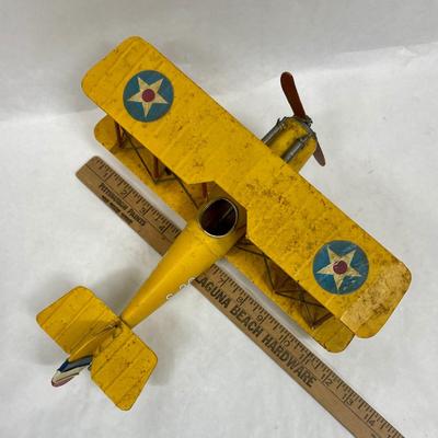 Retro Metal Biplane Model Airplane Yellow Distressed Finish Desk Accent Decor