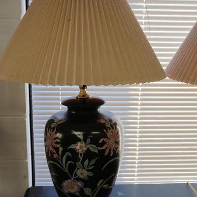 Pair of Black Porcelain Table Lamps with Flowers