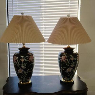Pair of Black Porcelain Table Lamps with Flowers
