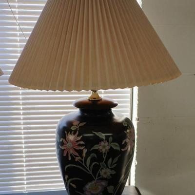Pair of Black Porcelain Table Lamps with Flowers