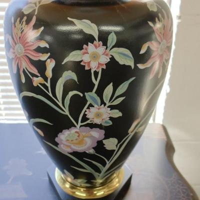 Pair of Black Porcelain Table Lamps with Flowers
