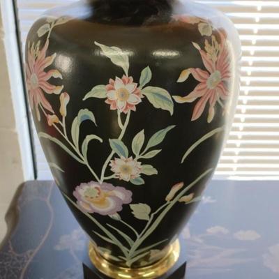 Pair of Black Porcelain Table Lamps with Flowers