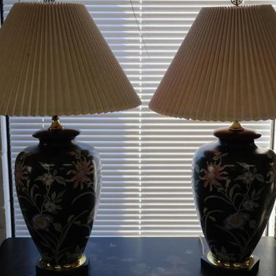Pair of Black Porcelain Table Lamps with Flowers