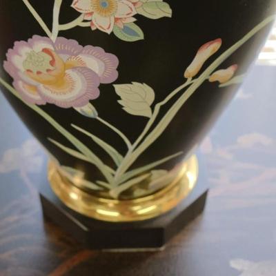 Pair of Black Porcelain Table Lamps with Flowers