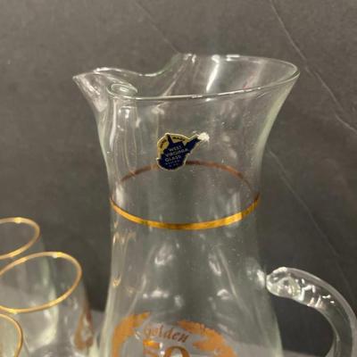 Vintage West Virginia Glass 50th Anniversary Glass Pitcher with 6 Glasses