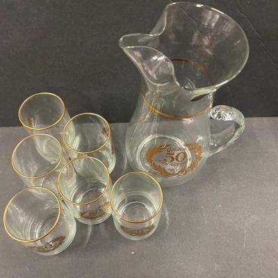 Vintage West Virginia Glass 50th Anniversary Glass Pitcher with 6 Glasses