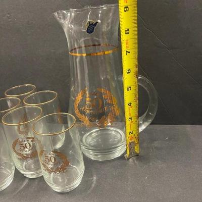 Vintage West Virginia Glass 50th Anniversary Glass Pitcher with 6 Glasses