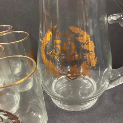 Vintage West Virginia Glass 50th Anniversary Glass Pitcher with 6 Glasses