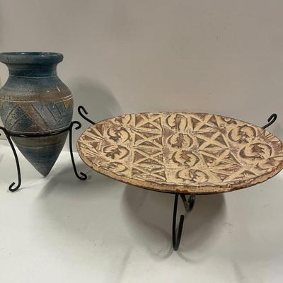 Lot of 2 South West Style Ceramic Pieces: Large Ceramic Platter & Cone Vase