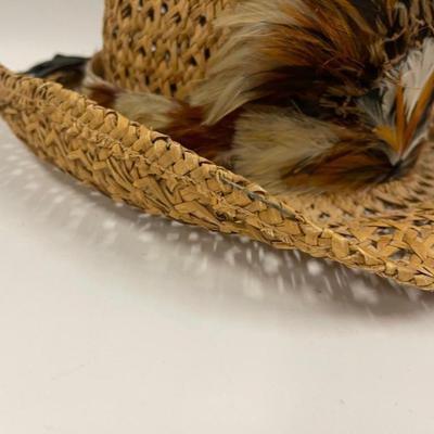 Vintage Straw Cowboy Hat with Feather Band