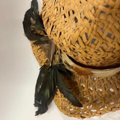 Vintage Straw Cowboy Hat with Feather Band
