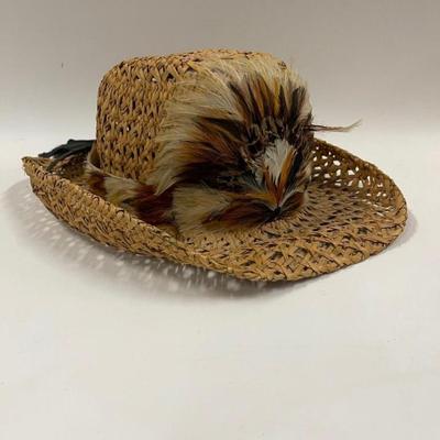Vintage Straw Cowboy Hat with Feather Band