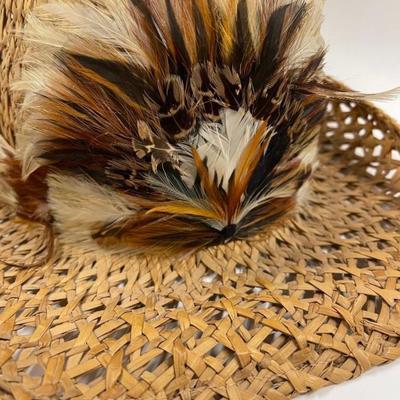 Vintage Straw Cowboy Hat with Feather Band