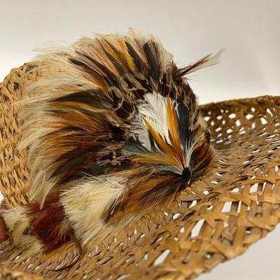 Vintage Straw Cowboy Hat with Feather Band