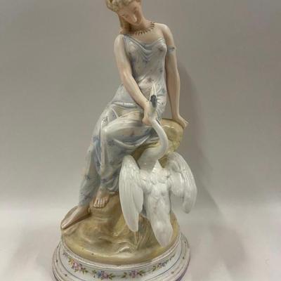 German Bisque Dresden Figurine Lady Swan Statue Porcelain Ceramic Goose Bird