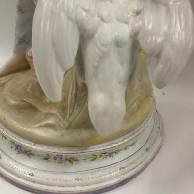 German Bisque Dresden Figurine Lady Swan Statue Porcelain Ceramic Goose Bird