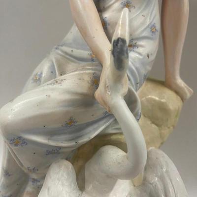 German Bisque Dresden Figurine Lady Swan Statue Porcelain Ceramic Goose Bird