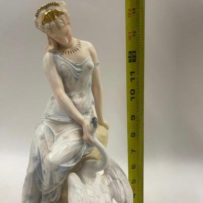 German Bisque Dresden Figurine Lady Swan Statue Porcelain Ceramic Goose Bird