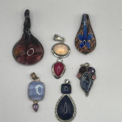 Lot of Sterling Silver & Art Glass Jewelry Pendants