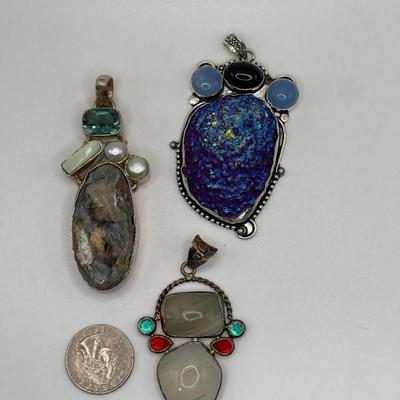 Lot of 3 Large Sterling Silver Pendants With Stones
